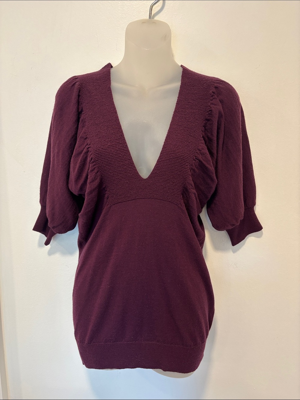 Rebecca Taylor Women's Deep V Puff-Sleeve Burgundy Sweater Top XS